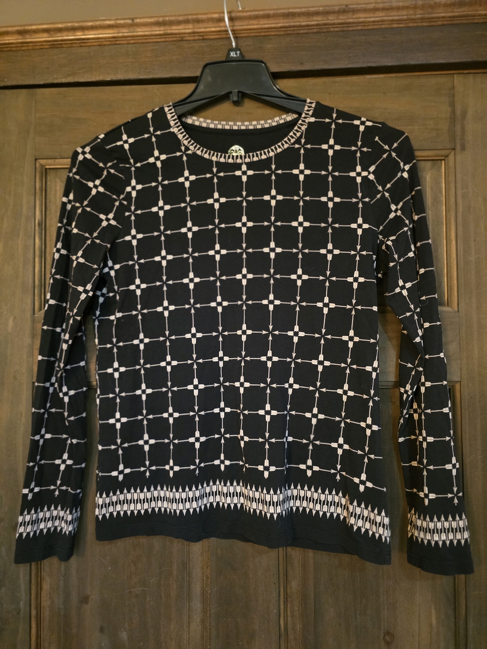 O Tory Burch Black and Cream Geometric Grid 100% Pima Cotton Small
